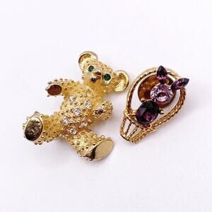 Two Vintage Rhinestones Brooches Bear and Bunny Gold Tone